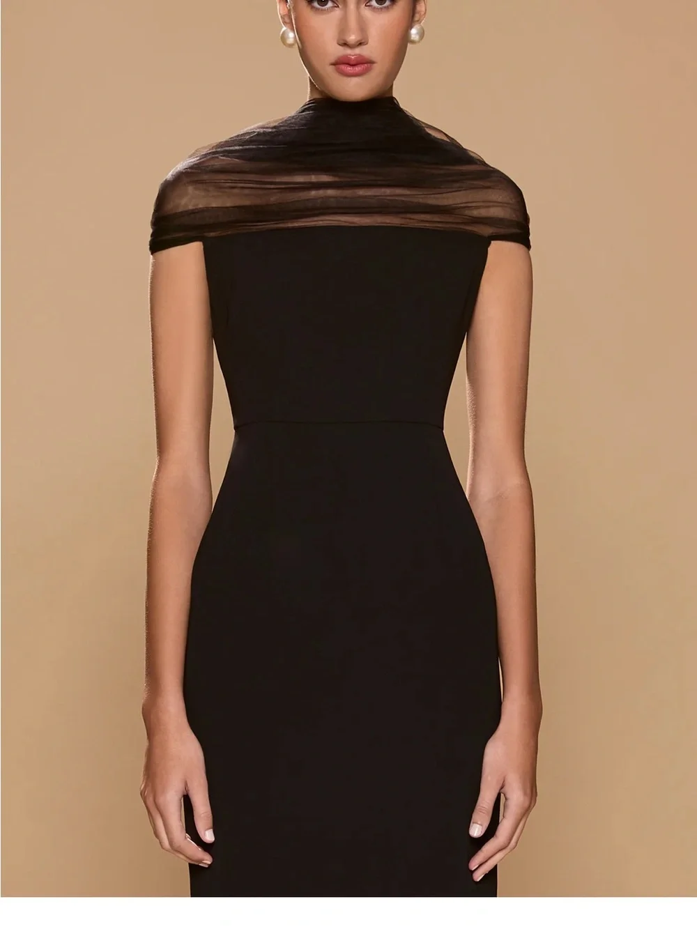 Strapless Black Evening Sheath Dress with Sheer Capelet - Picture 1 of 3